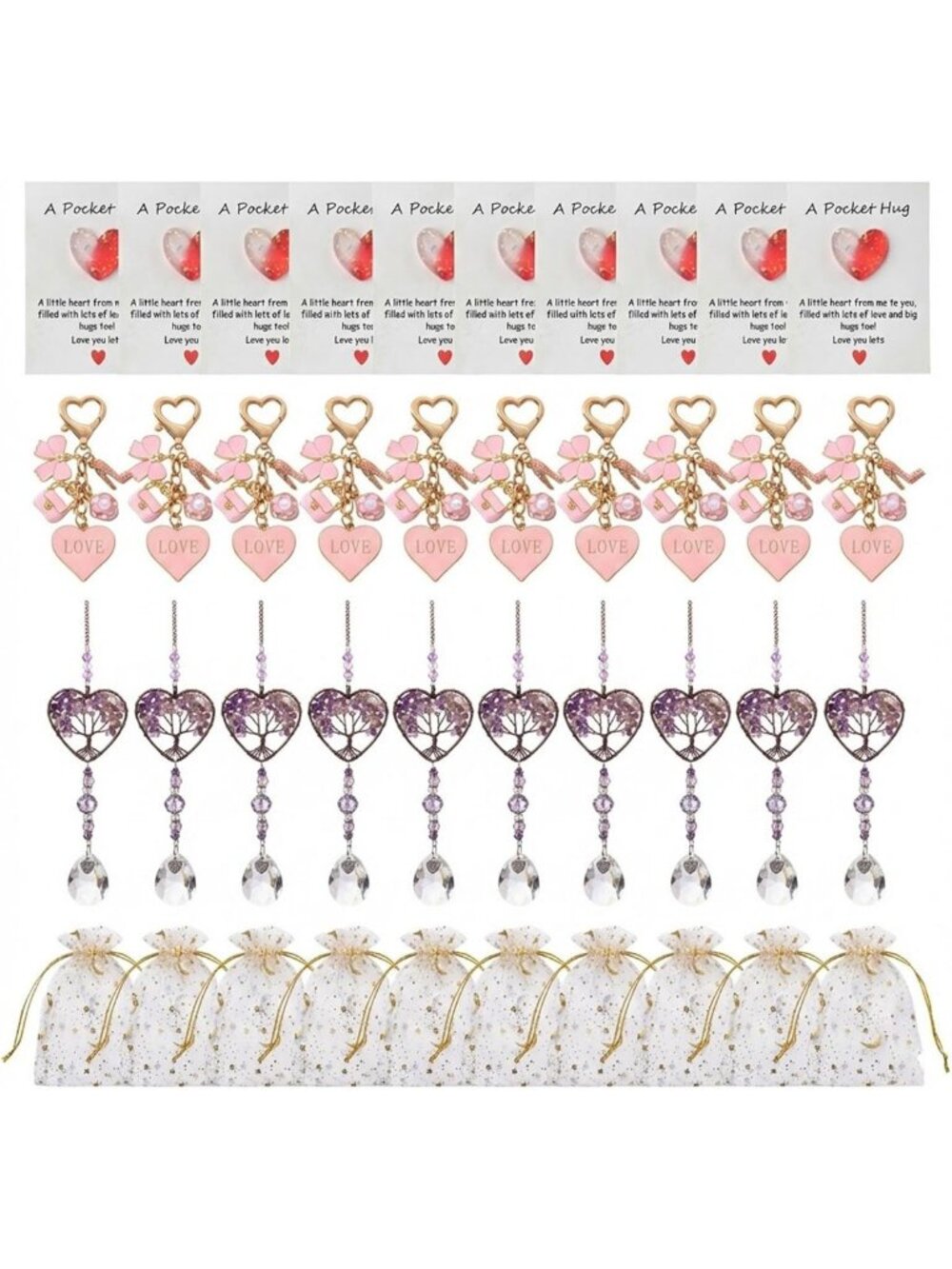40 Pcs Healing Crystal Gift Set - Amethyst Sun Catchers, Pocket Hug Hearts